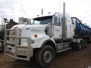 2007 WESTERN STAR 4900SA Tri Drive Highway Tractor c/w CAT C15 (550 HP) 18 Spd, 20,000 Lb Front, 57,700 Lb Rear Axles, A/R Susp, 264" Wheelbase, Differential & Inter-Axle Lockups, Wet Kit & Hyd Oil Cooler, ESPAR Engine Heater, HIBON 820 Blower c/w Hyd Drive, Silencer, Air Slide Fifth Wheel, 425/65R22.5 Front, 11R24.5 Rear Tires, Sold with SV05.