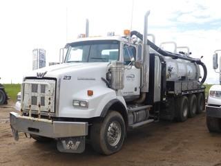 2012 WESTERN STAR 4900SA Tri Drive Vacuum Tanker c/w Cummins ISX-15 (525 HP) 18 Spd, 18,740 Lb Front, 53,000 Lb Rear Axle, A/R Susp, 272" Wheelbase, Differential & Inter-Axle Lockups, 2012 STEELHEAD 14,576 Liter Single Compartment Vacuum Tank SN 08121350 c/w HIBON 820 Blower c/w Hyd Drive, Hyd Gate, Heated 4" & 6" Rear Discharge Valves, Cyclone & Silencer, Float Level Indicator, Cabinets, 385/65R22.5 Front, 11R24.5 Rear Tires.