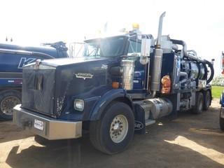 2007 KENWORTH T800 T/A Vacuum Tanker, 372,684 Km, 18,900 Hrs approx, c/w CAT C15 (550 HP) c/w 18 Spd, 14,000 Lb Front, 46,000 Lb Rear Axle, A/R Susp, 283" Wheelbase, Differential & Inter-Axle Lockups, PROHEAT Engine Heater, TIREBOSS Tire Inflation System, 2000 BOMEGA 2870 Gallon Single Compartment Vacuum Tank SN TVAC1672-07-2000 c/w HIBON 820 Blower c/w Hyd Drive, Hyd Gate, Heated 4" & 6" Rear Discharge Valves, Float Level Indicator, Cyclone, 425/65R22.5 Front, 11R24.5 Rear Tires.
