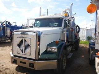 2004 FREIGHTLINER FLD120SD T/A Vacuum Tanker, 542,869 Km, c/w CAT C15 (425 HP), 18 Spd, 18,000 Lb Front, 46,000 Lb Rear Axle, A/R Susp, Differential & Inter-Axle Lockups, 2003 CUSTOM VAC 13,095 Liter Vacuum Tank SN 11611003 c/w HIBON 820 Blower c/w Hyd Drive, Hyd Gate, Heated 4" & 6" Rear Discharge Valves, Cyclone & Silencer, Cabinets, Pup Eqpt, 385/65R22.5 Front, 11R24.5 Rear Tires.