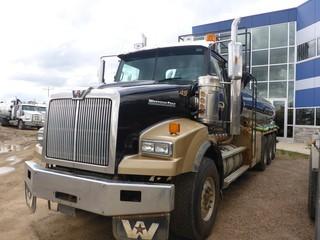 2012 WESTERN STAR 4900SA Tri Drive Potable Water Tanker, 211,486 Km, c/w DETROIT DD 15 (560 HP), 18 Spd, 20,000 Lb Front, 53,250 Lb Rear Axles, A/R Susp, 266" Wheelbase, Differential & Inter-Axle Lockups, Wet Kit & Hyd Oil Cooler, 2011 ADVANCE 16,000 Liter Single Compartment Lined Steel Tank SN AESTLA08BE000186 c/w BOWIE 4'' Pump c/w Hyd Drive Mounted in Hot Box, Float Level Indicator, Pup Eqpt, 425/65R22.5 Front, 11R24.5 Rear Tires.