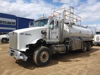 2011 KENWORTH T800 T/A Water Tanker, 75,047 Km, 
c/w Cummins ISM-15 (425 HP), 18 Spd, 16,000 Lb Front, 46,000 Lb Rear Axle, A/R Susp, 246" Wheelbase, Differential & Inter-Axle Lockups, 2009 ADVANCE 16,000 Liter Single Compartment Steel Tank SN 2AESTHA069E000162 c/w BOWIE 3" Pump c/w Hyd Drive, Mounted in Hot Box, Float Level Indicator, Pup Eqpt, 385/65R22.5 Front, 11R24.5 Rear Tires 
