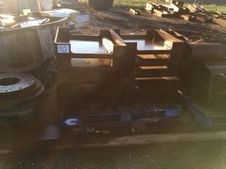 Lot of Skid and Contents Including  3/8" X 19 OD Flanges, Line Cover Main Electrical, Hibron 840 Blower Main Mount Plate, Cooling Connection Long Pipe 840H,Laser Cut PC Aluminum 6061-T6 X 1/4. **LOCATED IN STETTLER FAR EAST YARD**