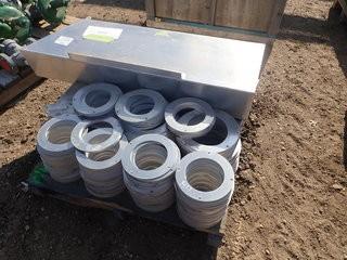 Lot of FLANGE 1/4" x 11"OD x 8-1/16"ID-6B Flanges, 1/4" x 8-7/8"OD x 6-1/16"ID-4B Flanges and Stake Box Weldments. **LOCATED IN STETTLER CENTER OF EAST YARD**