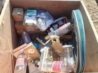 Lot of Asst. Gauges, Solonoids and Hydraulic Pump Fluid Resevoirs.**LOCATED IN STETTLER CENTER OF EAST YARD**