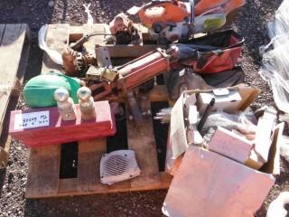 Pallet Of Assorted Items Including Electric Paint Roller, Hydraulic Ram, Highway Markers, Etc.