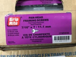 Qty of (8) 20 x 100pc Cartons of Grip Rite 7/16" x 7/11.1mm Pan-Head Framing Screws.