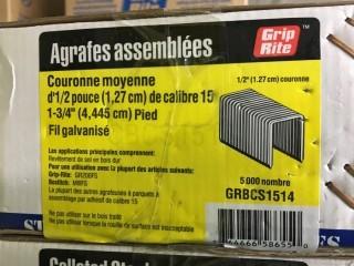 Qty of (2) 5,000pc Boxes of Grip Rite 15 Gauge 1/" Medium Crown, 1-3/4" Leg Collated Staples