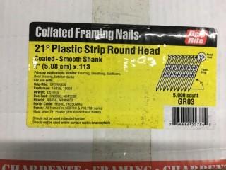 Qty of (2) 5,000pc boxes of Grip Rite 21 Degree 2" x 0.113 Plastic Strip Round Head Collated Framing Nails.