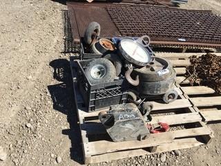 Pallet of Overhead Scales, Crane Cables, Assorted Small Wheels, Etc.