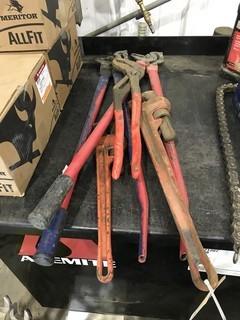 Lot of 24" Ridgid Pipe Wrench,18" Ridgid Pipe Wrench, Mac Tools Self Gripping Pipe Wrench, (2) Tire Chain Wrenches.