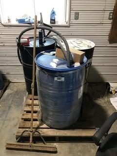 Lot of (2) Barrels of Hydraulic Oil and (1) Barrel Windshield Wiper Fluid w/ Pumps etc.
