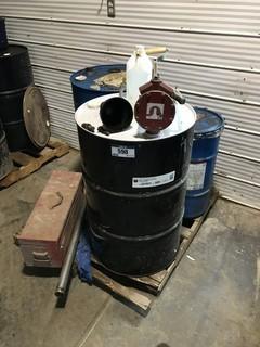 Lot of (1) Barrel of Antifreeze, (1) Keg of Grease, (1) Barrel of Hydraulic Oil w/ Fillrite 20GPM Piston Hand Pump.