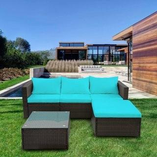 Brayden Studio Courson 5 Piece Rattan Sofa Set with Cushions (BYST8213) - Baby Blue