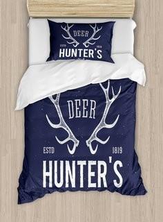 Ambesonne Hunting Deer Hunter's Club Logo Design with Antlers Retro Typography Shabby Icon Duvet Set (NGO86445_25283196) - Twin