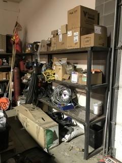Contents of (2) Steel Shelving including Fluids, Floor Jack, Grease Guns, Drip Pan, Jerry Cans, Artificial Christmas Tree etc. **RACK NOT INCLUDED**  **SOUTH WALL**