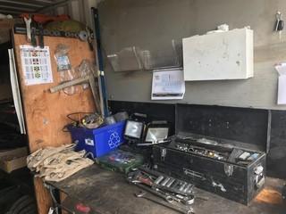 Lot of Asst. Hand Tools and Consumables including Levels, Squares, Work Lights, Sockets, Ratches, Pipe Wrenches, Tool Belts, Saw, Files, Terminal Connectors, ProCore Tool Box, etc.