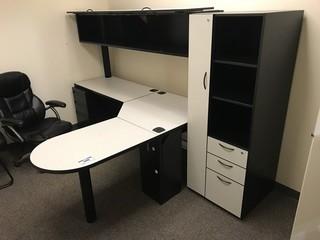 L-Shaped Desk w/ Overhead Hutch, Task Chair, (2) Side Chairs, Cabinet