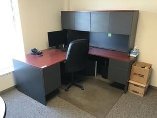 L-Shaped Desk w/ Overhead Hutch, Task Chair, (2) Side Chairs, Side Table, 4-Drawer Lateral Filing Cabinet **NOTE: COMPUTER, MONITORS, etc. NOT INCLUDED**