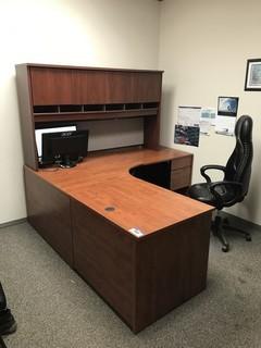 L-Shaped Desk w/ Overhead Hutch, Task Chair, (2) Side Chairs, Side Table, Bookshelf **NOTE: COMPUTER, MONITORS, etc. NOT INCLUDED**