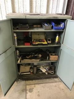 2-door Metal Storage Cabinet w/ V-blocks, Drill Bits, Asst. Shop Tools, etc.