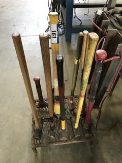 Lot of 11 Sledge Hammers and Pick w/ Stand. 