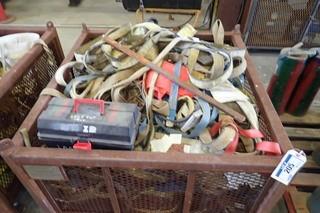 Lot of Asst. Nylon Lifting Slings, Ratchet Straps, Lock-outs and Metal Basket. 