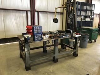 Steel Shop Table 8'x4' w/ Vice and 2 Halogen Lights.