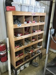 Wooden Cabinet w/ Asst. Hilti Fasteners, Anchors, Grating Clips, etc.