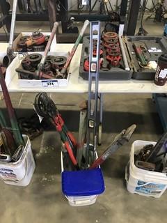 Lot of Tubing Bender, Crimper, Level and 5 Pipe Wrenches.