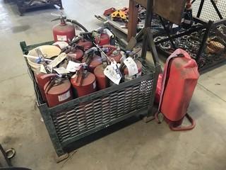 Lot of Asst. ABC Fire Extinguishers and Metal Basket. 