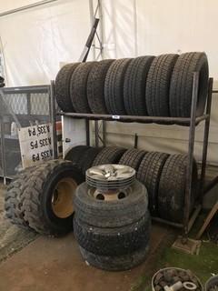 Tire Rack w/ 18 Asst. Tires. 