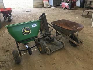 Lot of Fertilizer Spreader, Lawn Mower and Wheel Barrow. 