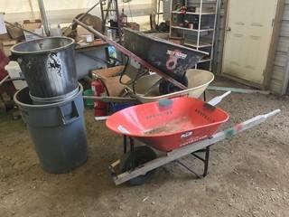 Lot of 3 Wheel Barrows and Asst. Garbage Bins. 