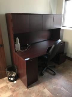 Single Pedestal Desk w/ Overhead, Task Chair and Vertical 4-drawer File Cabinet. 