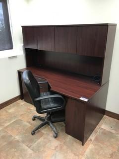 Single Pedestal Desk w/ Overhead, Task Chair and 5-shelf Bookcase. 