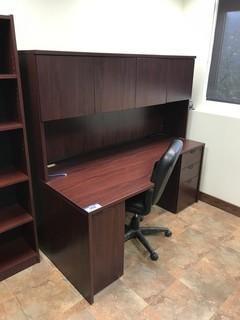 Single Pedestal Desk w/ Overhead, Task Chair and 5-shelf Bookcase. 