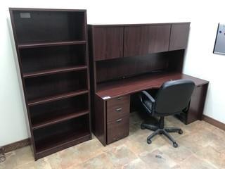 Single Pedestal Desk w/ Overhead, Task Chair and 5-shelf Bookcase. 