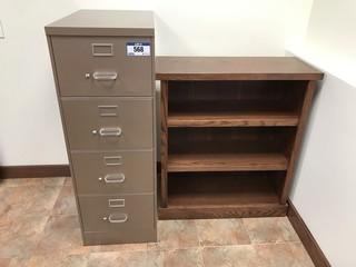 Lot of Vertical 4-drawer File Cabinet and Oak 3-shelf Bookcase. 