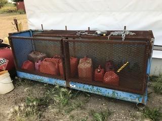 Lot of Fuel Storage Cage w/ Asst. Jerry Cans and Pallet of Asst. Oils. 