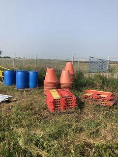 Lot of Conduit Matting, Pipe Stands and 4 Barrels of Fluid. 