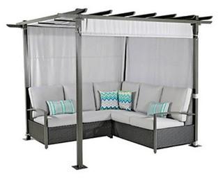 Hampton Bay Sectional Seating Set w Pergola Breeze Cove (1001 074 538) - Sage Grey Finish w Cool Cement Cushions