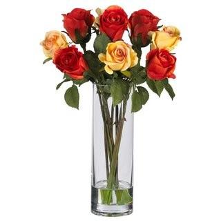 Nearly Natural Silk Rose Arrangement with Glass Vase (TXN1152)