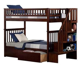 Atlantic Furniture Woodland Staircase Bunk Bed with Flat Panel Bed Drawers, Twin over Twin, Walnut Finish