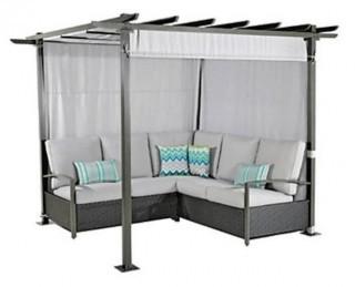 Hampton Bay Sectional Seating Set w Pergola Breeze Cove (1001 074 538) - Sage Grey Finish w Cool Cement Cushions
