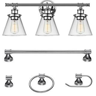 Globe Electric Parker 5-Piece All-in-One Bath Set, 3-Light Vanity, Towel Bar, Towel Ring, Robe Hook, Toilet Paper Holder, Chrome Finish 51234