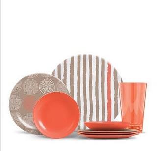 16 Piece Melamine Dinnerware Set - Stripes & Spirals - Canyon Coral