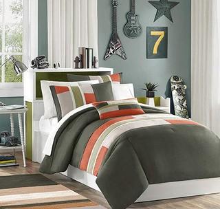 Mi-Zone Duvet Cover Set Kids - Olive Green, Striped Pieced ? 4 Piece Bed Set Cover- Full/Queen 