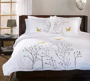 Superior King/Cal King Swallow Duvet Cover Set - 3 pcs / White w Brown Embroidery 
