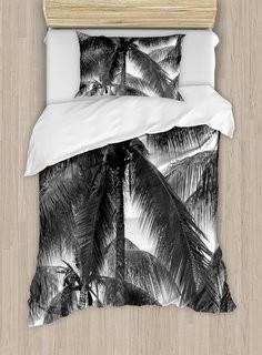 Ambesonne Palm Tree Silhouette Exotic Plant on Dark Thema Foliages Relax in Nature Image Duvet Set (NGO86628_25283278) Queen / Green, White
